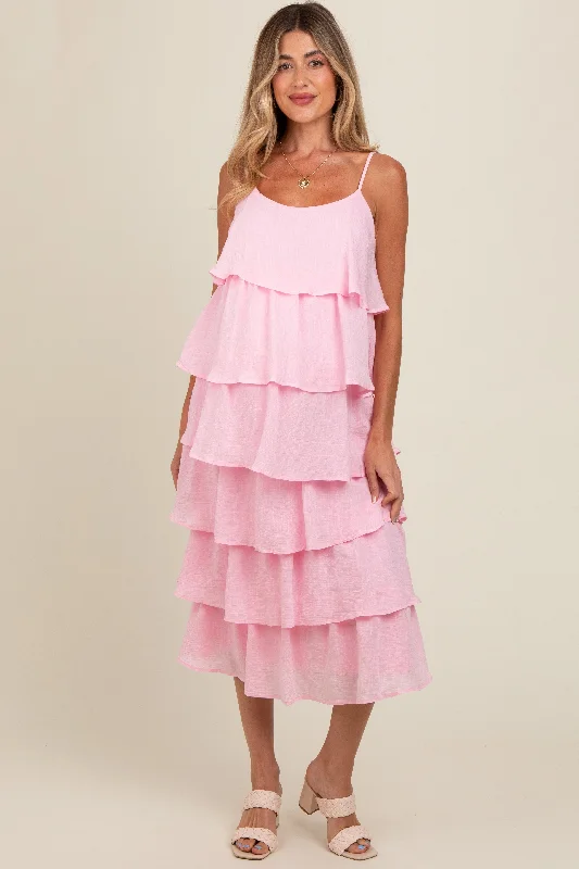 Limited Quantity flowy dressLight Pink Tiered Maternity Midi Dress