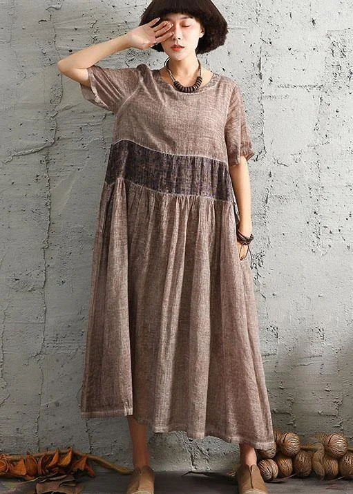 Incredible Offers classic fit-and-flare dressDIY khaki patchwork cotton linen clothes For Women short sleeve long summer Dress