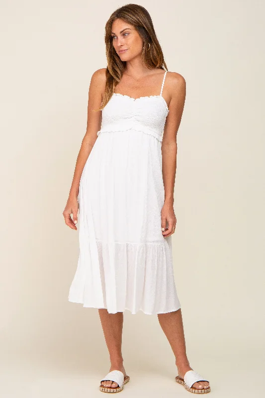 Discount Deals chic dressIvory Smocked Ruffle Accent Midi Dress