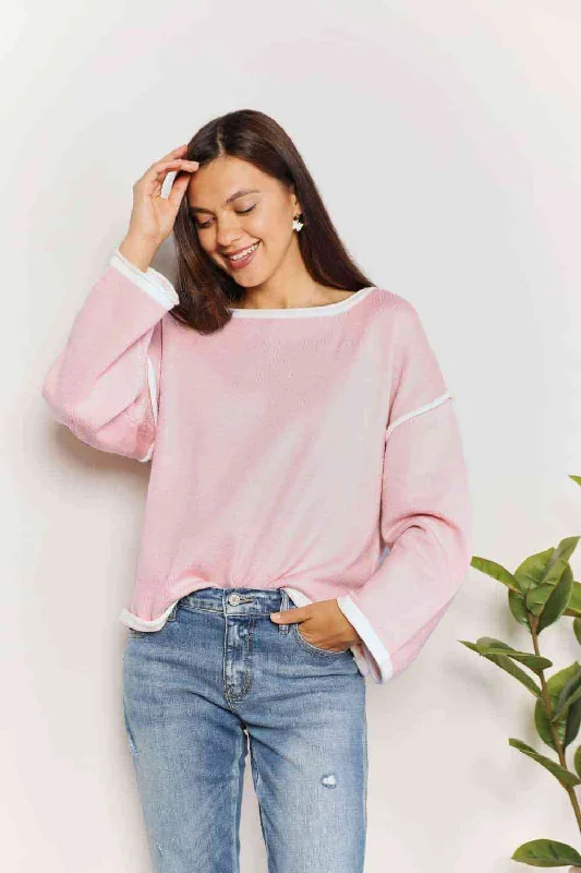 Steals and Deals Double Take Contrast Detail Dropped Shoulder Knit Top