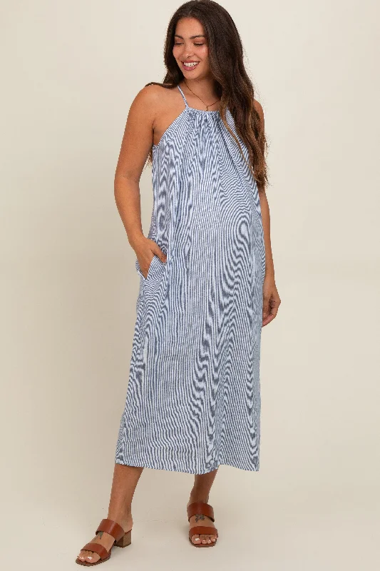 Take Advantage stylish dressBlue Striped Linen Maternity Midi Dress
