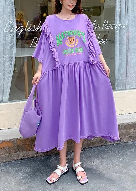 Bargain Blast lace-up dressDIY o neck Ruffles clothes Outfits purple Cartoon print long Dress