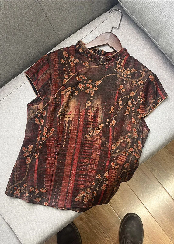 TIME-Limited Offer Simple Red Stand Collar Print Button Patchwork Silk Tops Summer LC0284