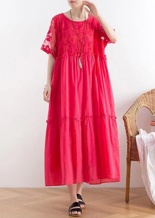 Limited Availability casual dressHandmade organza patchwork cotton o neck summer Catwalk red Kaftan Dress