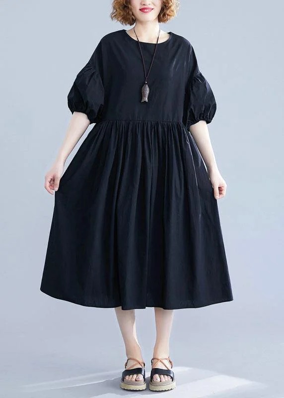 Price Slash long sleeve dressFrench black cotton dresses lantern sleeve Robe summer Dress