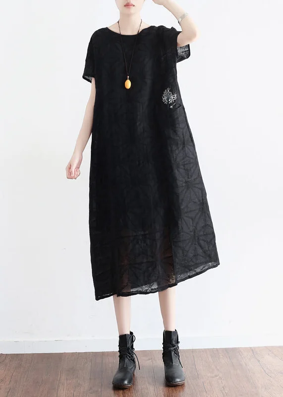 Early Access luxury dressHandmade o neck embroidery pockets linen clothes Korea Runway black baggy Dresses Summer