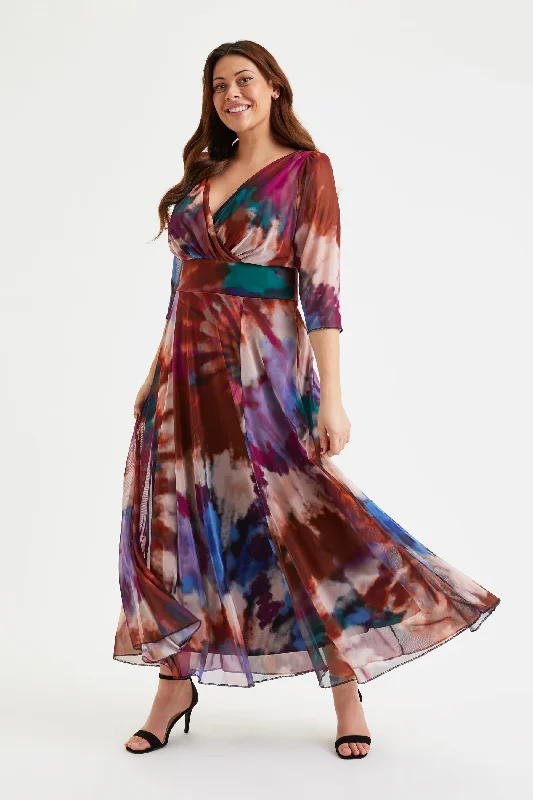Friends and Family Sale pleated dressVerity Tan Indigo Print Maxi Gown