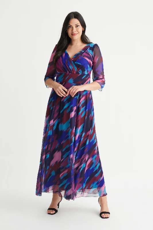 Closeout Sale ruched dressVerity Magenta Multi Print Maxi Gown
