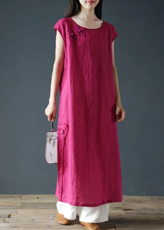 Anniversary Sale fitted dressBohemian o neck side open linen summer clothes For Women Work Outfits rose Dresses