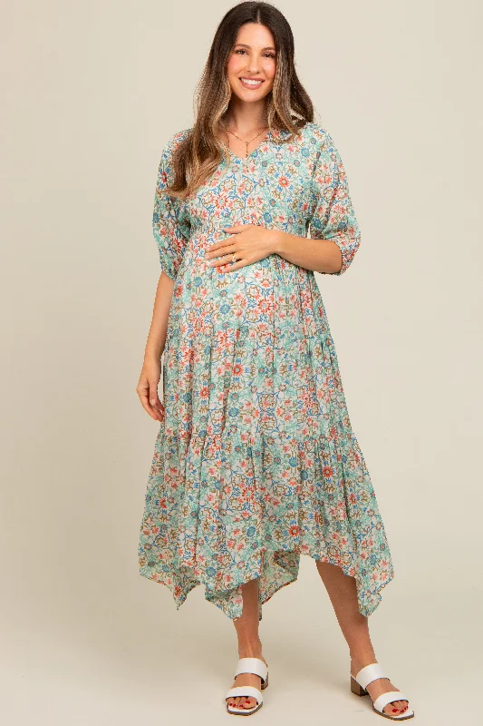 Take Advantage trendy mini dressMint Green Floral Border Print V-Neck Tiered Maternity Midi Dress