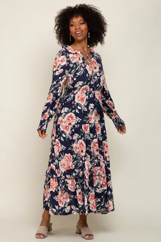Special Price floral wrap dressNavy Floral Smocked Ruffle Neck Maxi Dress