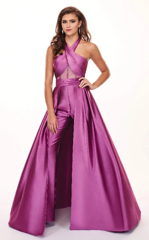 Doorbuster Deal Rachel Allan - 6482 Crisscross Halter Top Satin Jumpsuit with Overskirt - 1 pc Navy in Size 08 Available