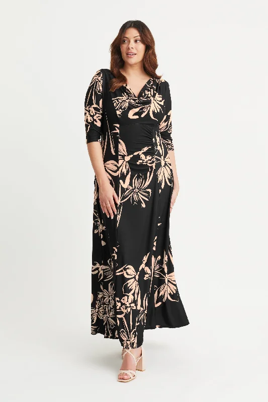 Huge Discounts ruched dressBlack Cream Cowl Neck Maxi Gown with Ruched Bustle Back
