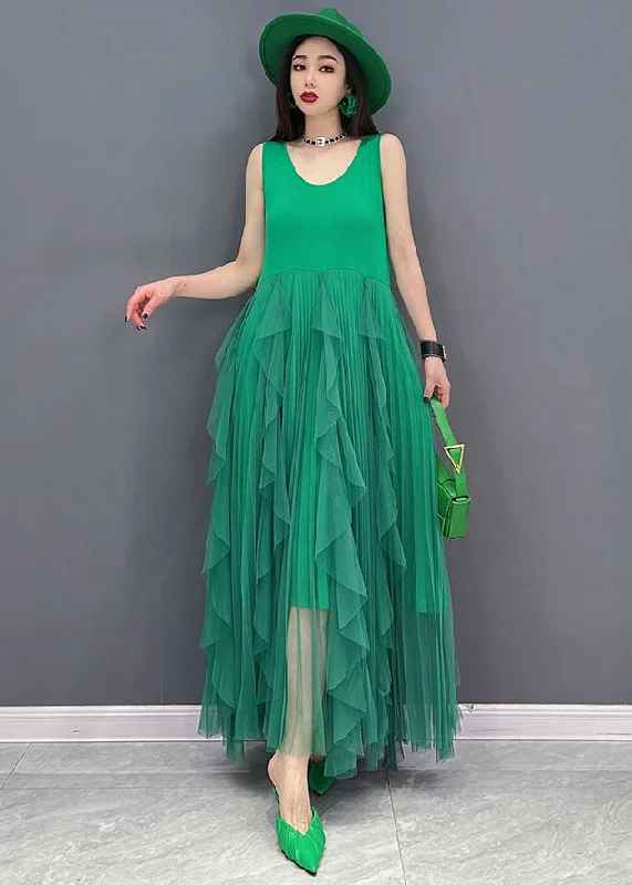 New Deals trendy dressGreen Tulle Patchwork Cotton Fitted Dresses O-Neck Sleeveless