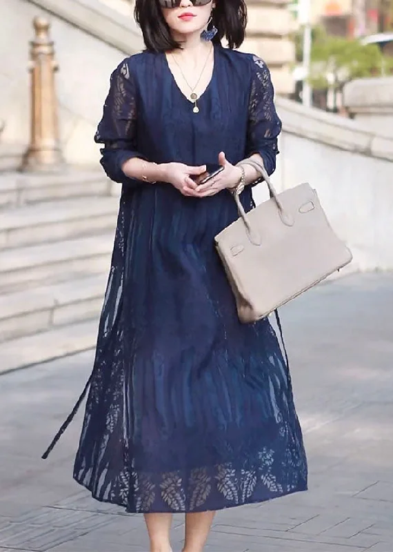 Unmissable Offer silk dressFrench Navy Hollow Out V Neck Jacquard Silk Dress Long Sleeve