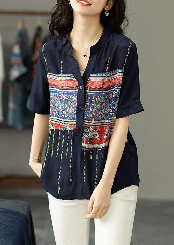 Steals and Deals Women Navy Print Zircon Patchwork Cotton Shirt Tops Summer TP1041
