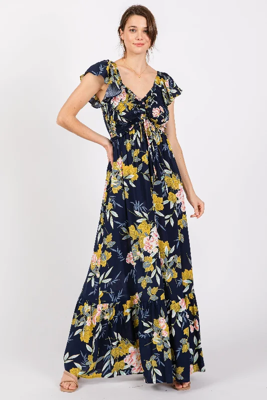 Discount Days casual slip dressNavy Floral Smocked Cinched Top Maxi Dress