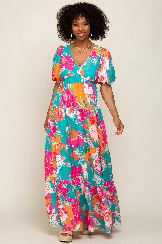 Bargain Prices layered dressTeal Floral Puff Sleeve Tiered Maxi Dress