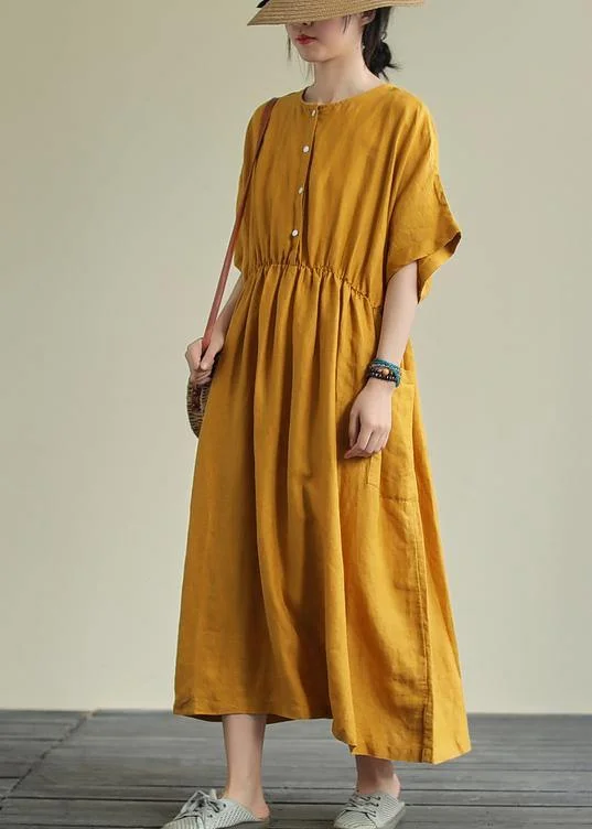 Warehouse Sale satin dressNatural yellow linen outfit o neck elastic waist linen robes summer Dresses