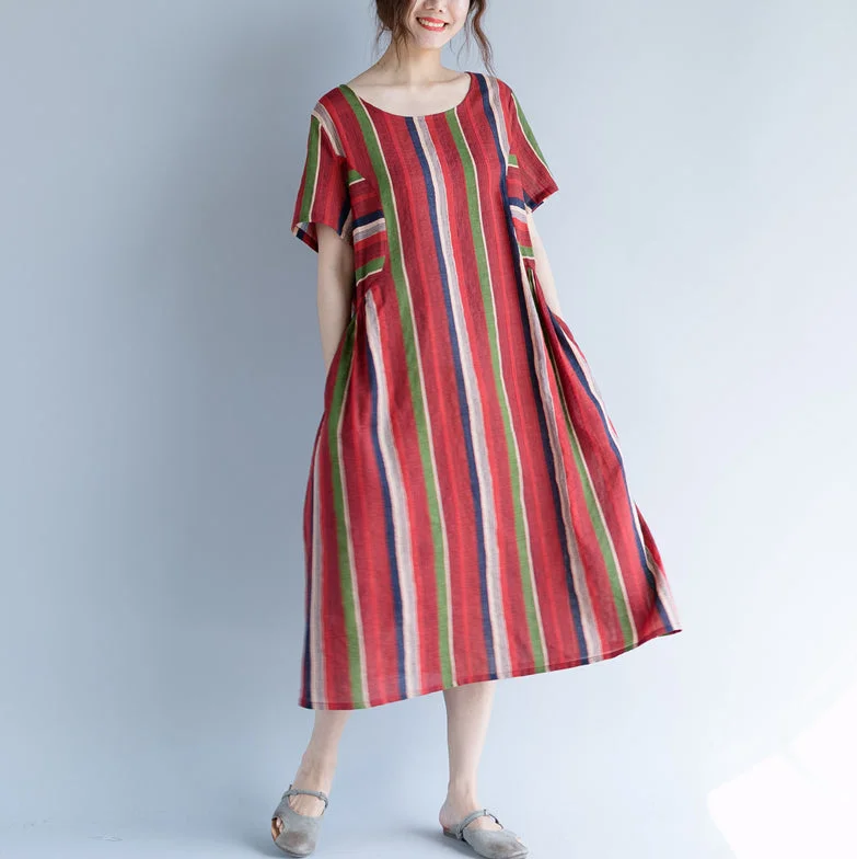 Huge Discounts structured dressNew red cotton linen maxi dress trendy plus size O neck traveling clothing 2018 striped short sleeve gown