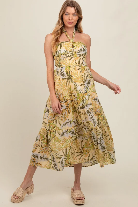 Crazy Deals elegant evening dressLight Yellow Tropical Halter Maternity Maxi Dress