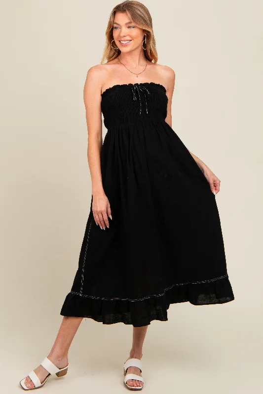 Deal Alert sleek midi dressBlack Smocked Strapless Maternity Midi Dress
