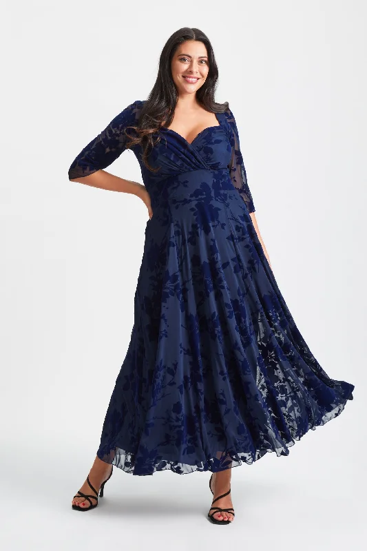 Super Savings fitted bodycon dressElizabeth Dark Navy Flocked Mesh Maxi Gown