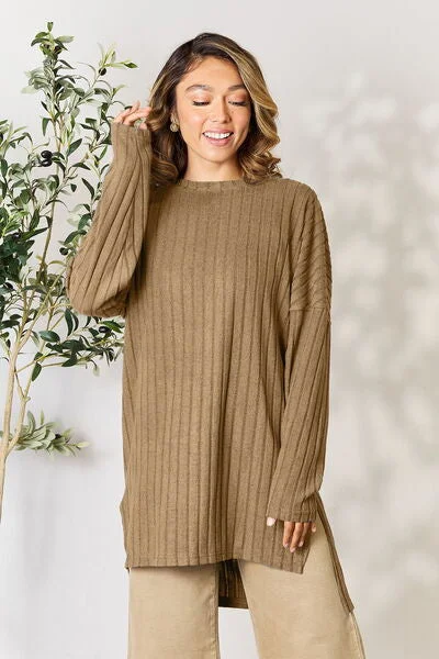 Online Only Basic Bae Full Size Ribbed Round Neck Long Sleeve Slit Top