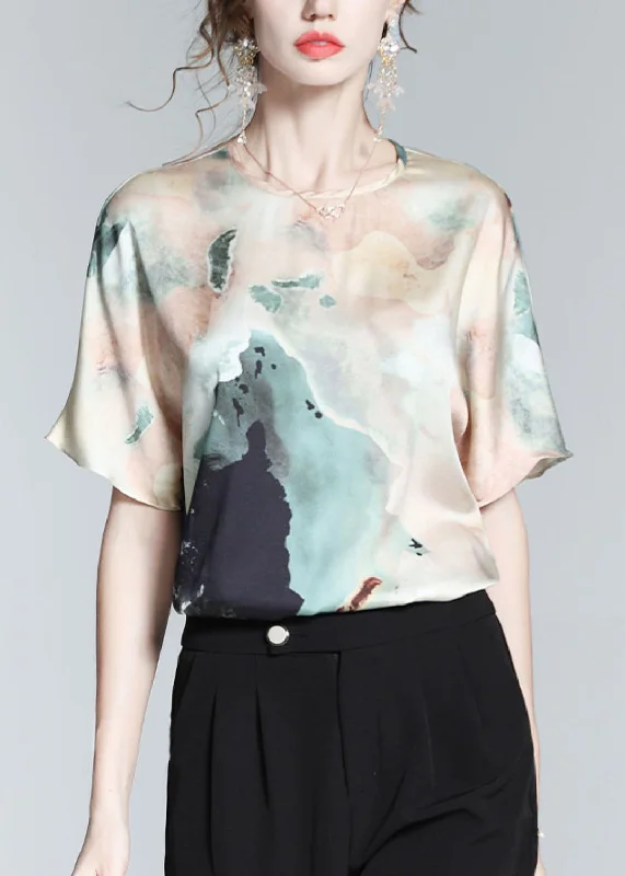 Instant Discount Beautiful Colorblock O Neck Print Silk T Shirt Top Summer LY0094