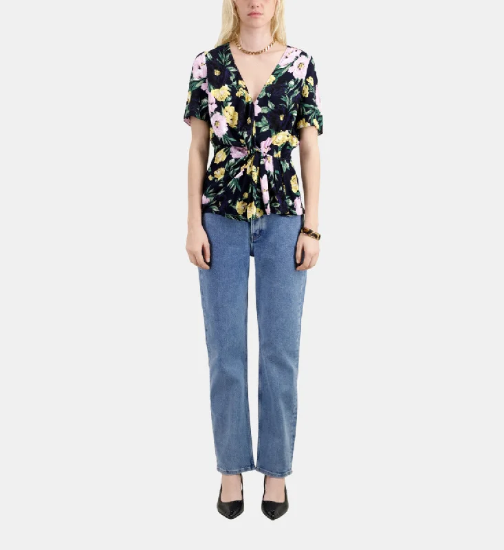 Deep Discounts Multicolor Floral Print Long Sleeve Top With Draping | Women | Light Pink x Dark Navy