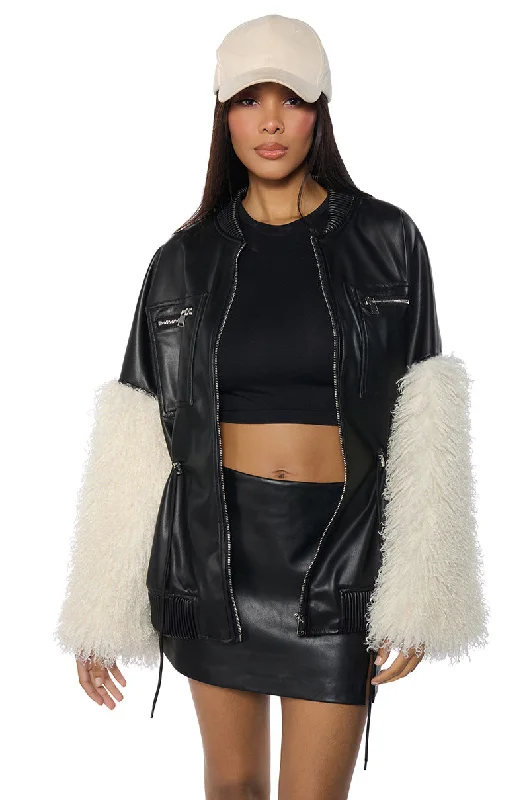 Closeout lightweight winter coatA LITTLE BIT MORE PU JACKET WITH FAUX FUR SLEEVES AND CINCHED WAIST DETAILING