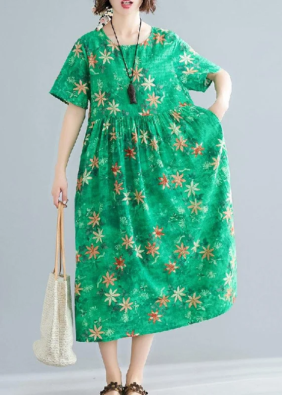 Extra Savings fitted cocktail dressLoose o neck patchwork Cinched cotton dresses Outfits green print Traveling Dresses summer