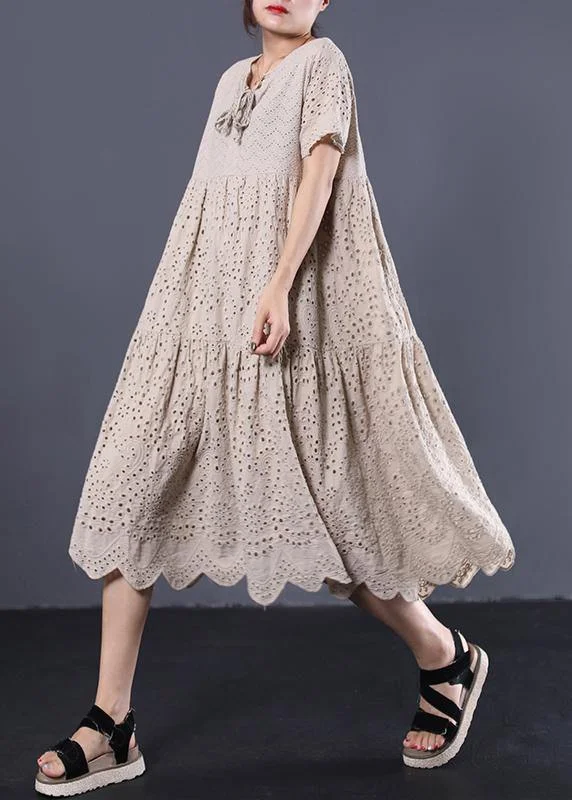 Buy Now modern dressFrench khaki cotton dresses asymmetric hollow out Art summer Dresses
