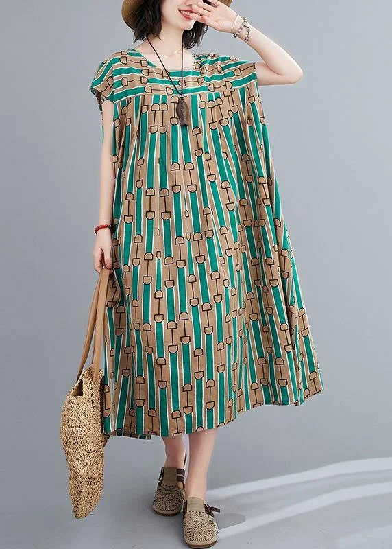 Limited Availability bohemian dressChic green print dress o neck Cinched Dresses summer Dresses