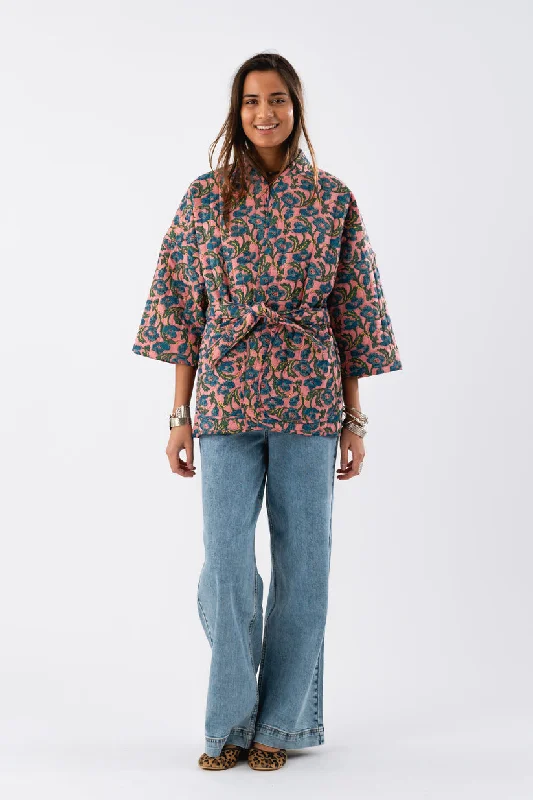 Final Sale insulated winter jacketLollys - Floral Kimono Jacket  - Pink Blue Floral