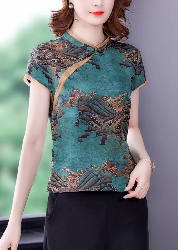 Best Bargains Blue Print Silk Blouse Top Mandarin Collar Slim Fit Summer LY0450