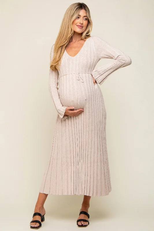 Now or Never trendy wrap dressTaupe Ribbed Maternity Knit Maxi Dress