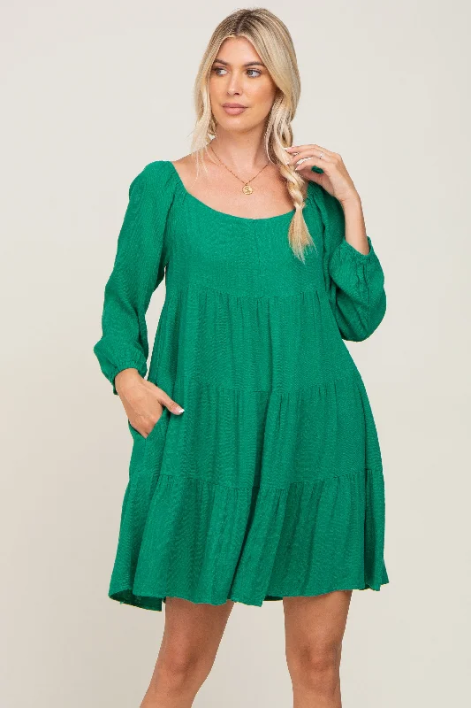 Grand Opening Sale cocktail party dressGreen Tiered Long Sleeve Plus Dress