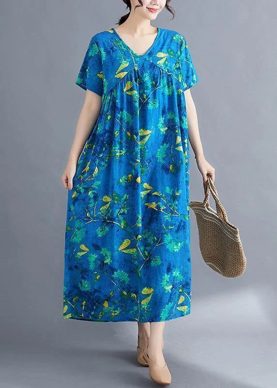Deal of the Day casual shift dressItalian v neck Cinched linen Wardrobes pattern blue print Dresses summer