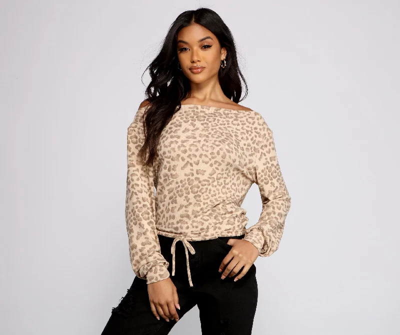 Act Now Casual Leopard Print Brushed Knit Top