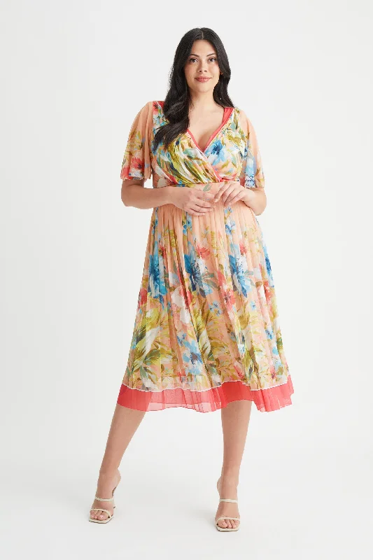 Daily Deals lace dressCleo Pink Border Print Knife Pleated Skirt Midi Dress