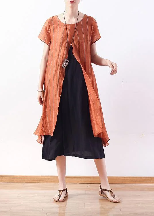 Best Bargains ruched dressNatural yellow striped blended tunics for women false two pieces cotton summer Dress