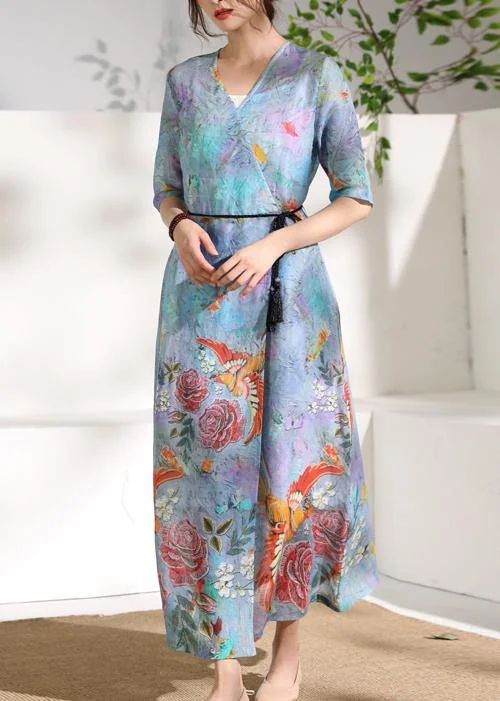 Price Break sleek dressModern v neck tie waist linen summer clothes design blue print Dress