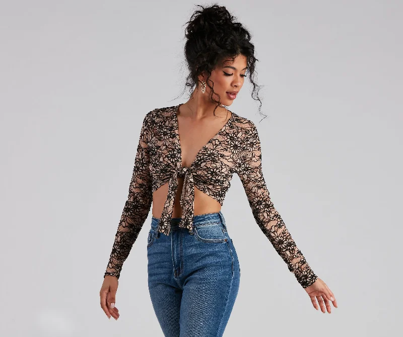 Weekend Deal Flirty Floral Lace Tie Front Crop Top