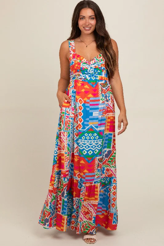 Lowest Prices denim dressBlue Multi-Color Abstract Print Tiered Maternity Maxi Dress