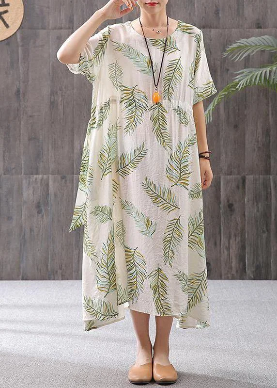 Value Deals sleek dressFrench linen clothes For Women Plus Size Cotton Linen Print Round Neck Dress