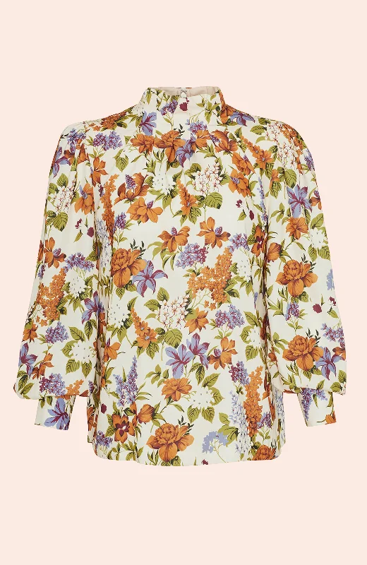 New Markdowns Floral Printed Crepe Pleated Neck Top | Ginger Multi