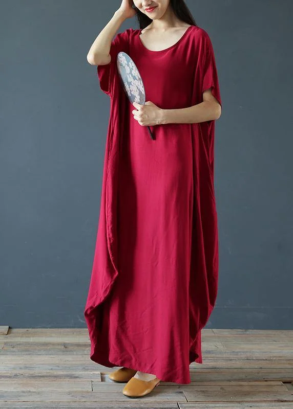 Seasonal Sale pleated maxi dress100% o neck Extra large hem summer clothes Sleeve burgundy Maxi Dress