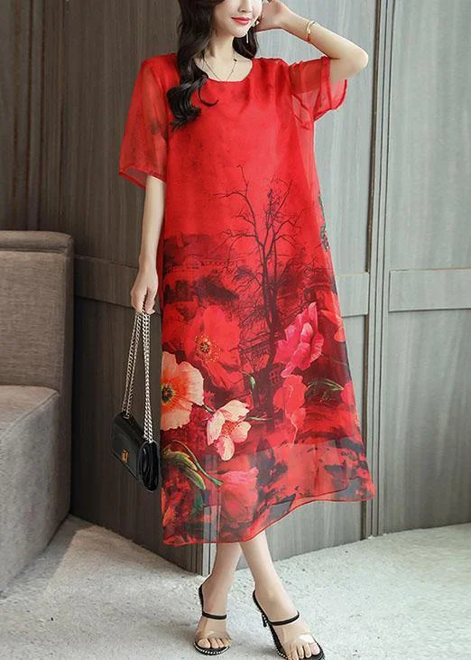 Limited Time Offer sleek midi dressItalian red print silk quilting clothes o neck Kaftan summer Dresses