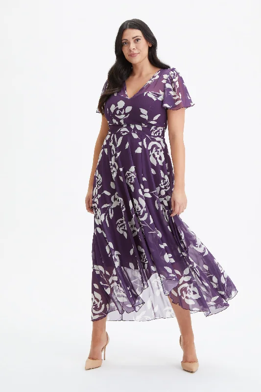 Bargain Prices knit dressTilly Purple Ivory Print Angel Sleeve Sweetheart Dress
